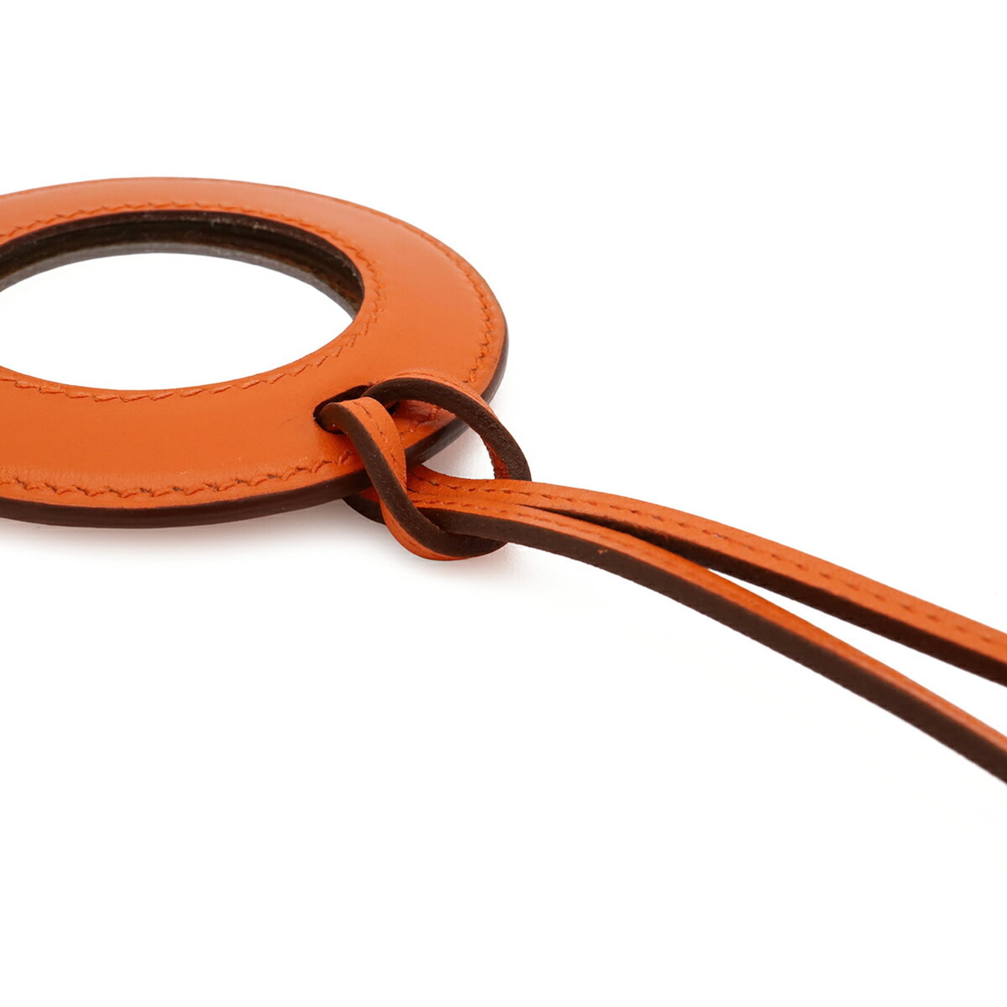 HERMES Hermes Magnifying Glass Necklace Pendant Circle Round Leather Orange — New - Store Return