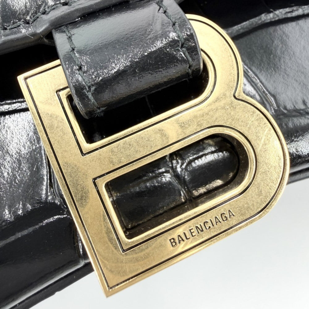 Balenciaga Women's Hourglass Small Handbag Shoulder Bag Crossbody HOURGLASS Crocodile Embossed Leather Top Handle BALENCIAGA 593546 Black Antique Gold Hardware — Like New