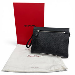 Salvatore Ferragamo leather clutch bag, black, made in Italy, men's, with box and dust bag — Like New