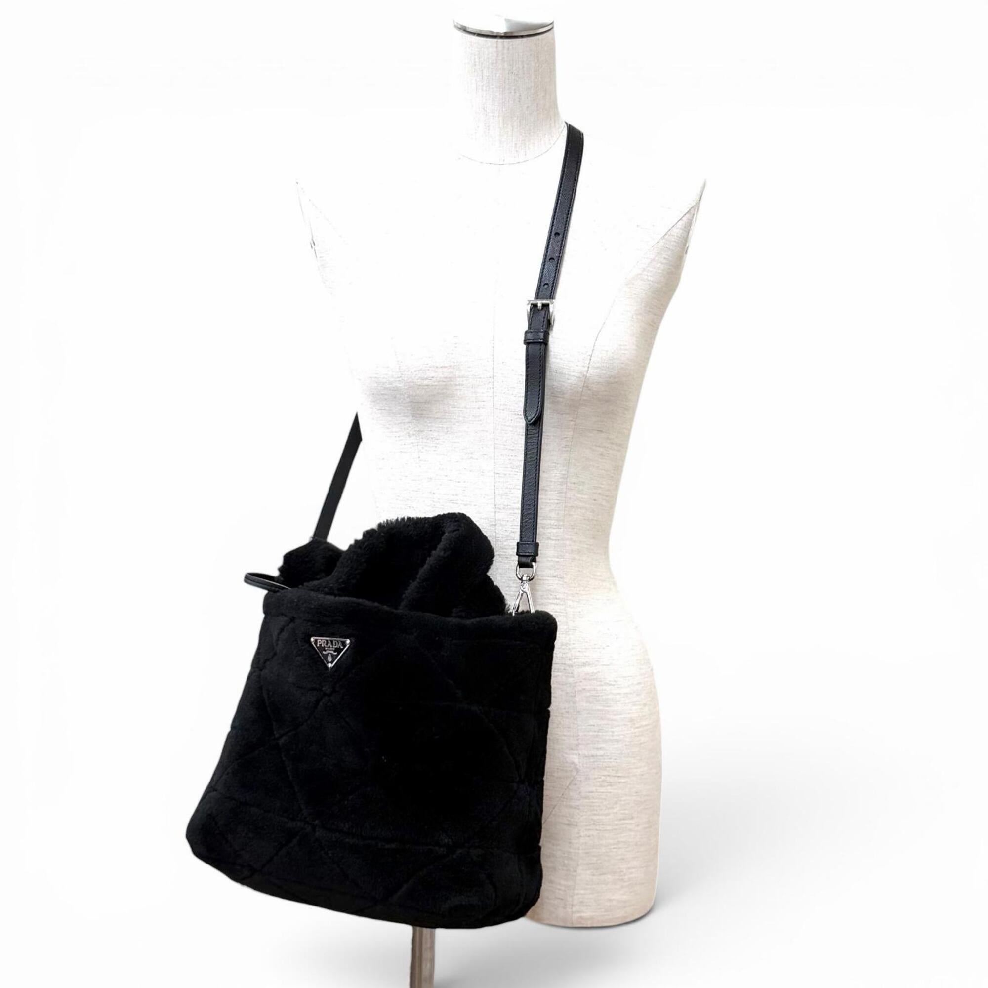 PRADA 1BG378 Triangle Logo 2-Way Shearling Fur Shoulder Bag with Pouch, Black, Made in Italy, Women's, Dust — Like New