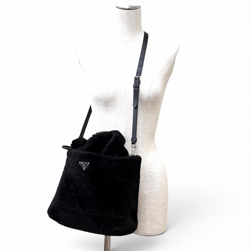 PRADA 1BG378 Triangle Logo 2-Way Shearling Fur Shoulder Bag with Pouch, Black, Made in Italy, Women's, Dust — Like New