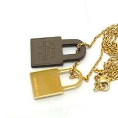 HERMES O'Kelly PM Necklace with Padlock Motif, GP Swift Leather, Etoupe Brown, Like New — Like New