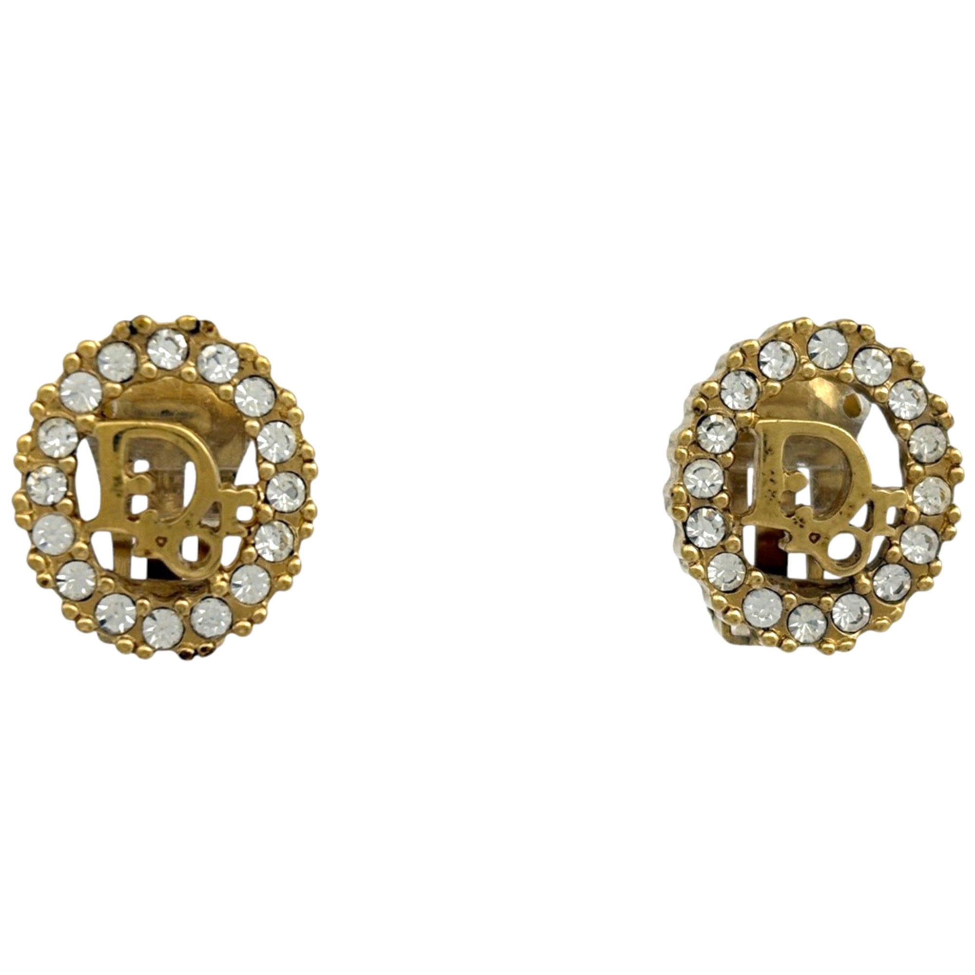 Christian Dior Logo Rhinestone Oval Earrings, GP Gold, Women's