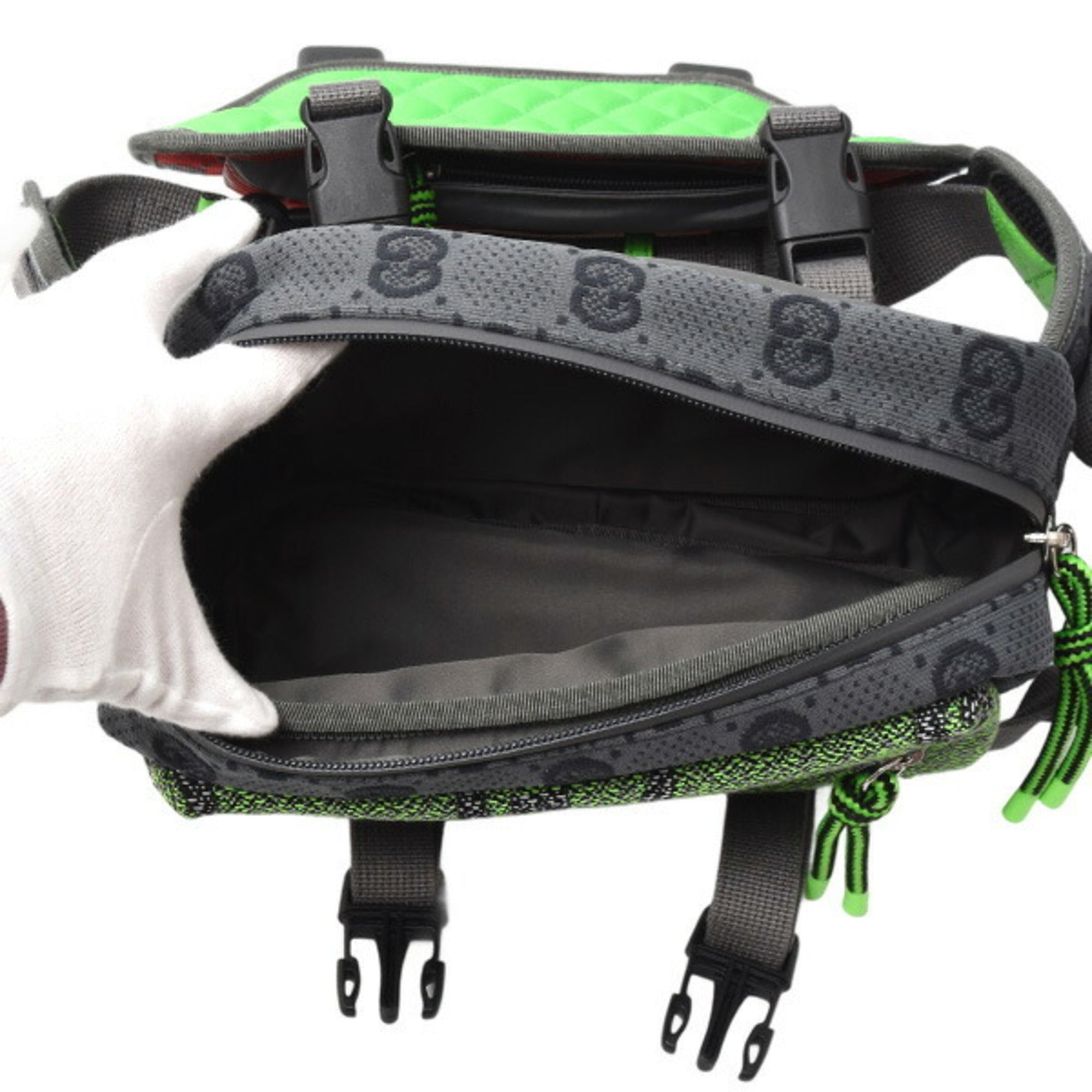 Gucci Men's Small Backpack GG Nylon Belt Bag in Gray, Red, and Green (GUCCI 752100)