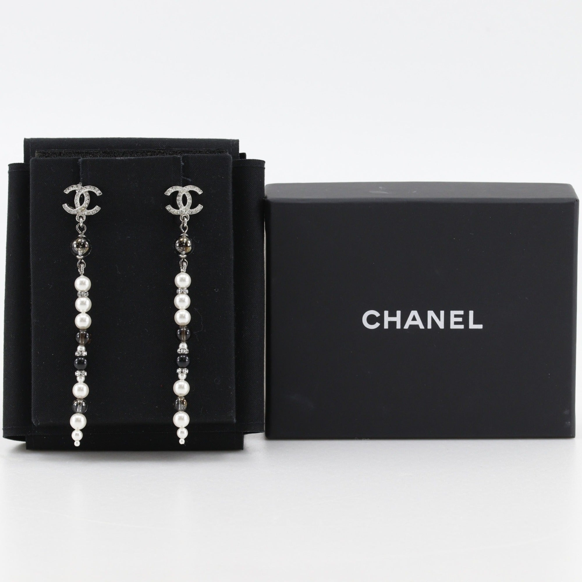 Chanel Coco Mark Earrings, Long, Metal x Faux Pearl Rhinestone, 2019 Model, Silver, A19K Gold, Approx. 11.0g, Women's — Like New
