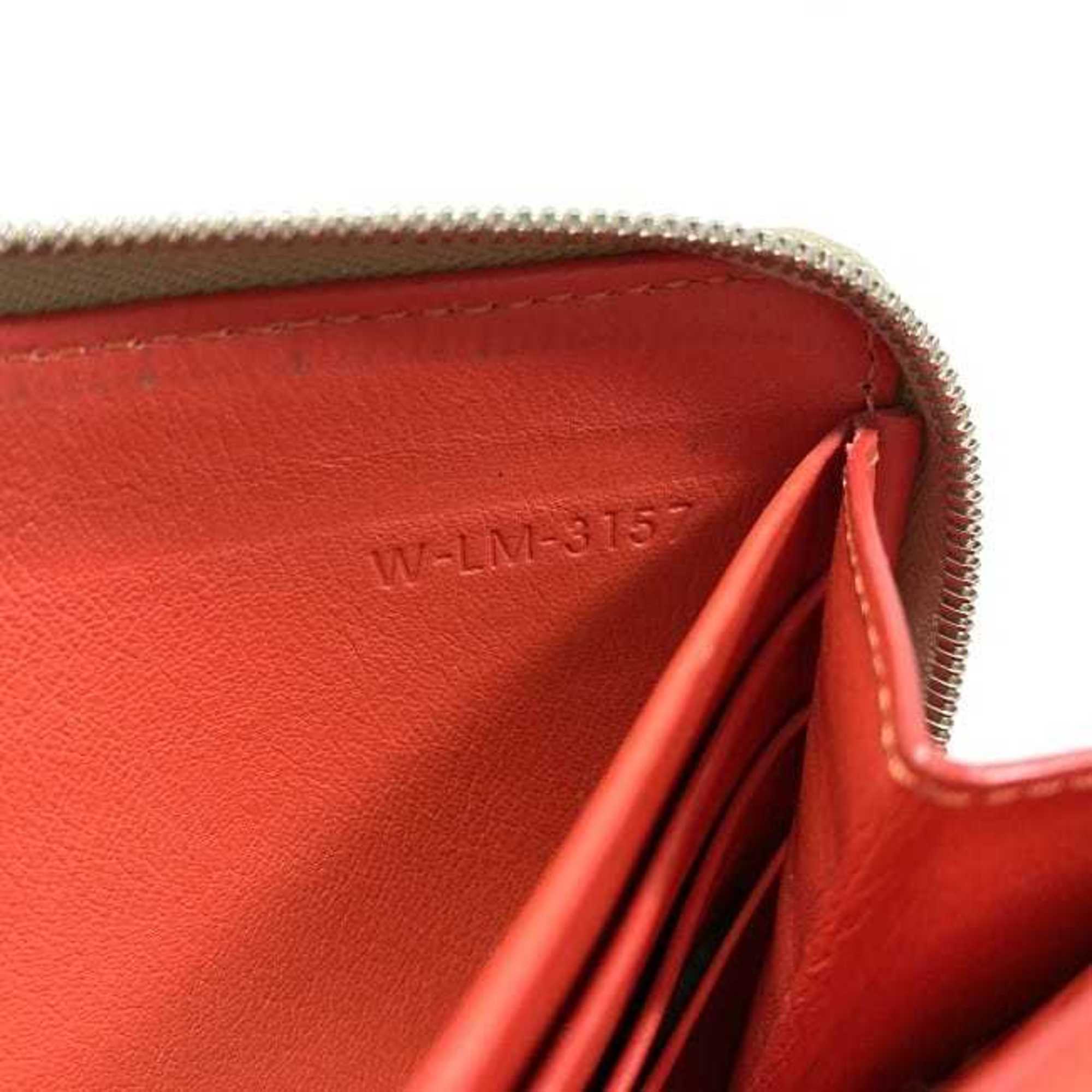CELINE Round Long Wallet Beige Red Silver Leather Zip Ladies