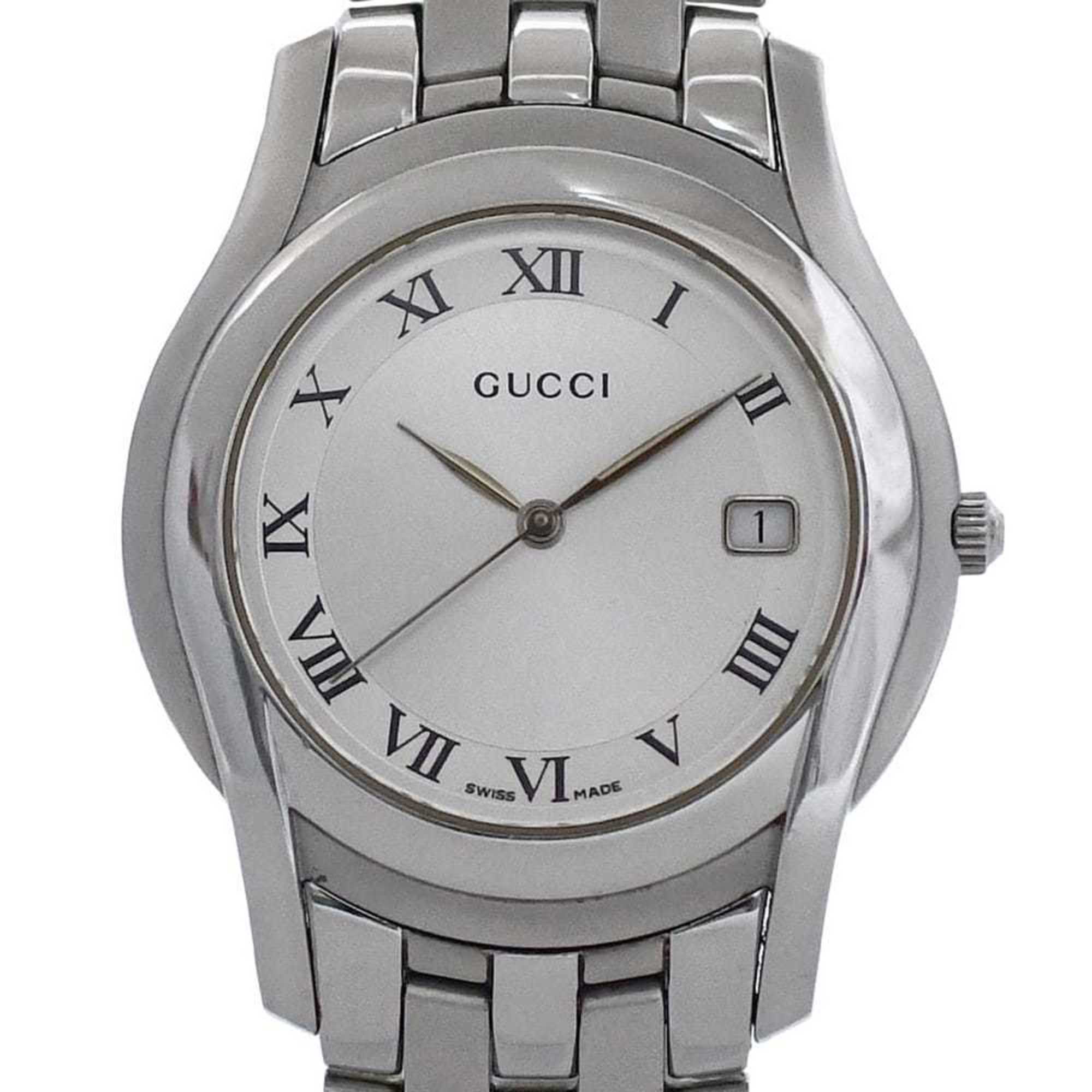 Gucci 5500M Watch f-24297 Silver White YA055305 Men's Stainless Steel Quartz 0163*** GUCCI Battery-Operated Dial Analog Date