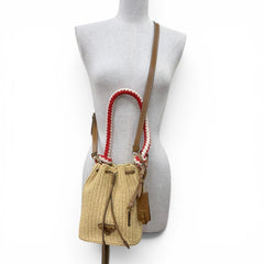 PRADA 1BE068 Crochet Mini Bucket Bag with Triangle Logo, Leather Accents, Raffia, 2-Way Shoulder Bag/Handbag, Natural Finish, Made in Italy, Women's, Dust Bag — Like New