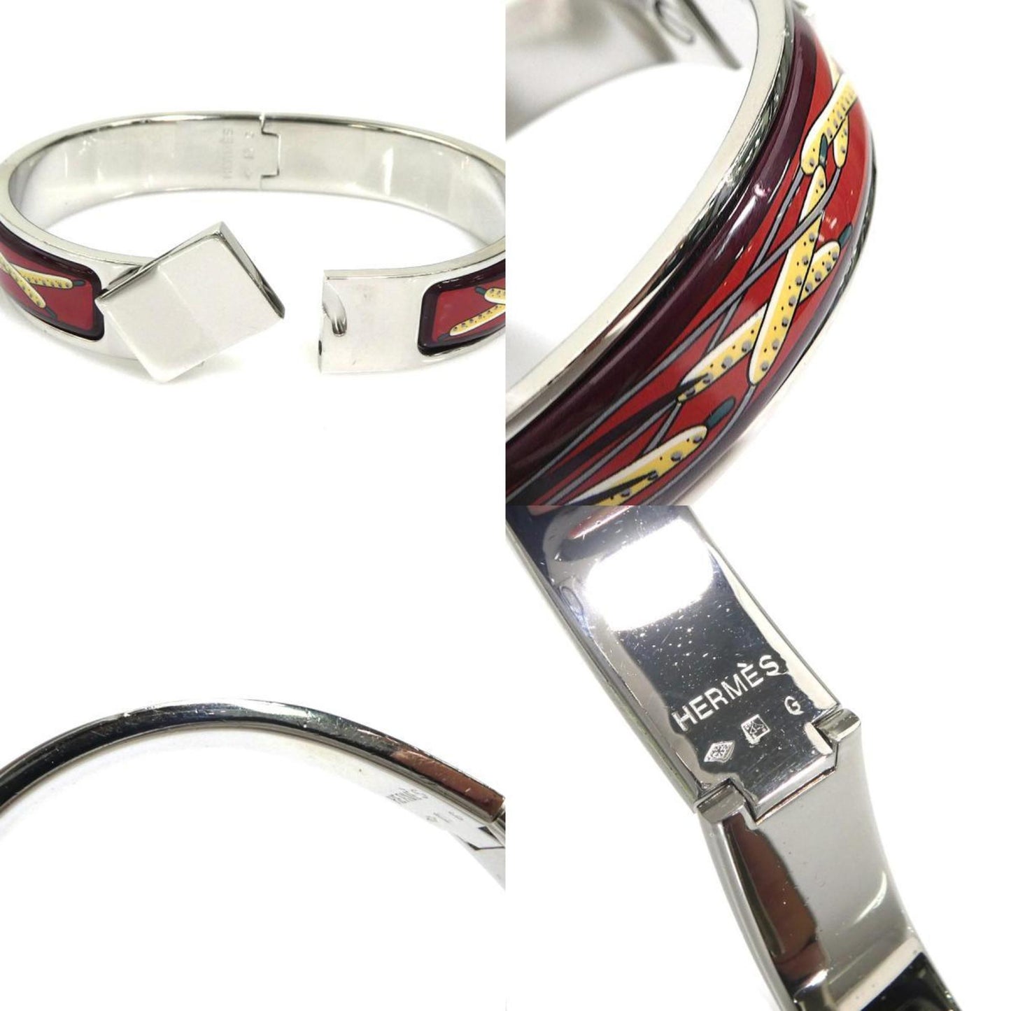 Hermes Hermès Click-Clack Metal Enamel Bangle Bracelet in Silver, Burgundy, and Multicolor for Women (e60706a)