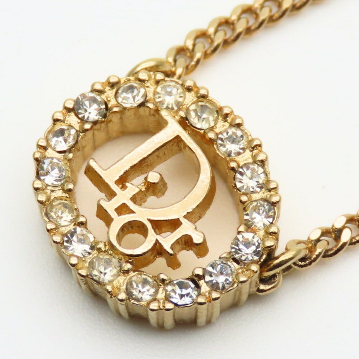 Christian Dior Necklace, Metal, Rhinestone, Gold Plated, GP, Women's,