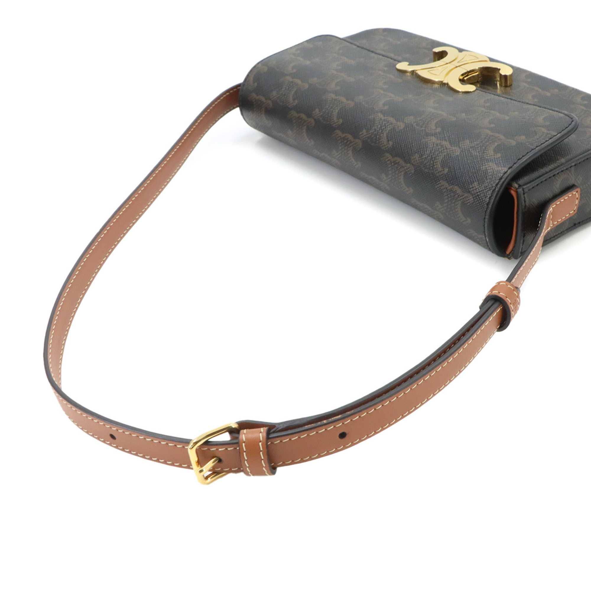 Celine Triomphe Claude Shoulder Handbag, Leather, Tan, Black, Brown, Gold Hardware, 194142 — Like New