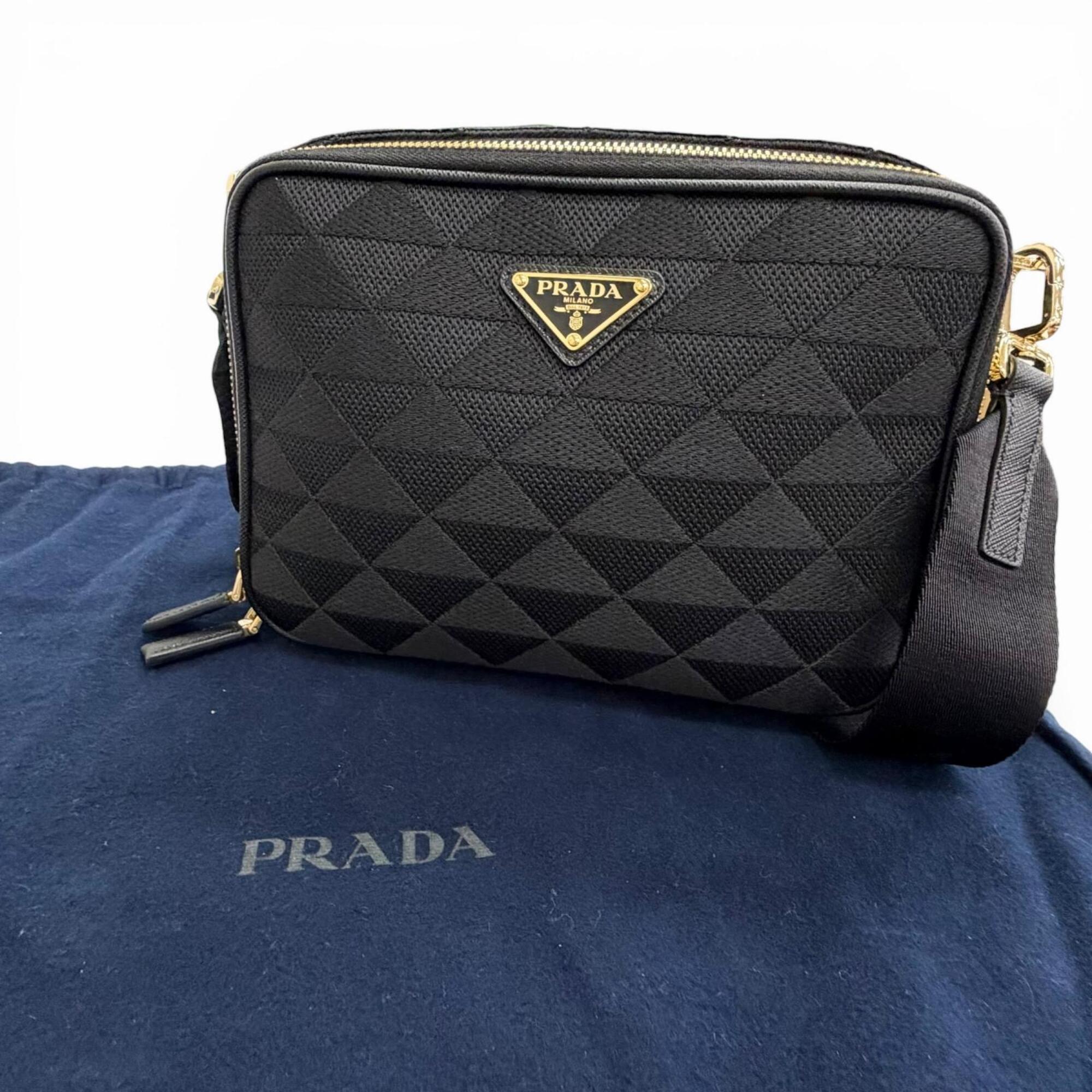 PRADA 2VH069 Brick Triangle Logo Jacquard Leather Shoulder Bag, Black with Gold Hardware, Made in Italy, Men's, Dust Bag — New - Store Return