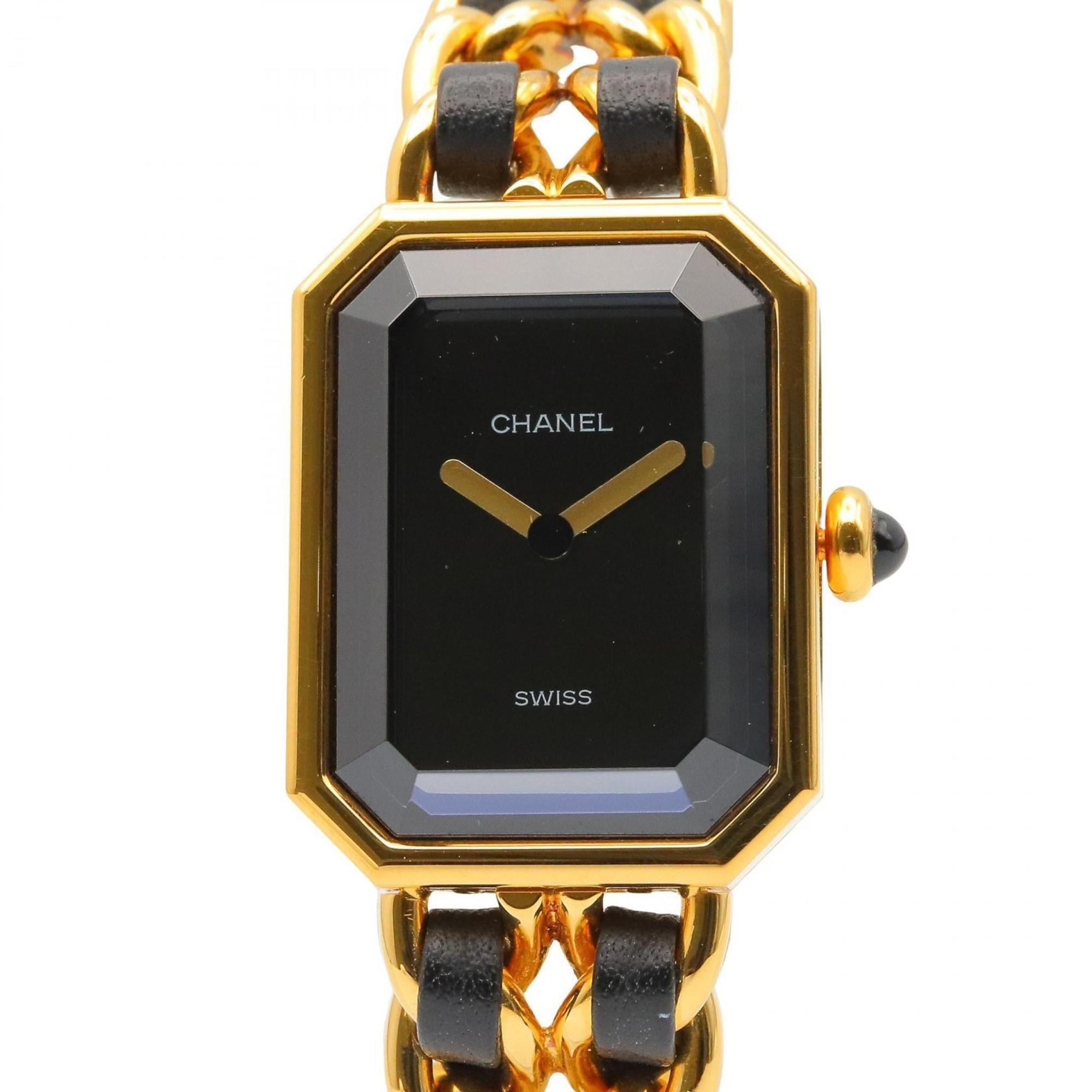 CHANEL Premiere M Watch, Gold-Plated, with Leather Strap, Black, Women's, H0001 — Very Good