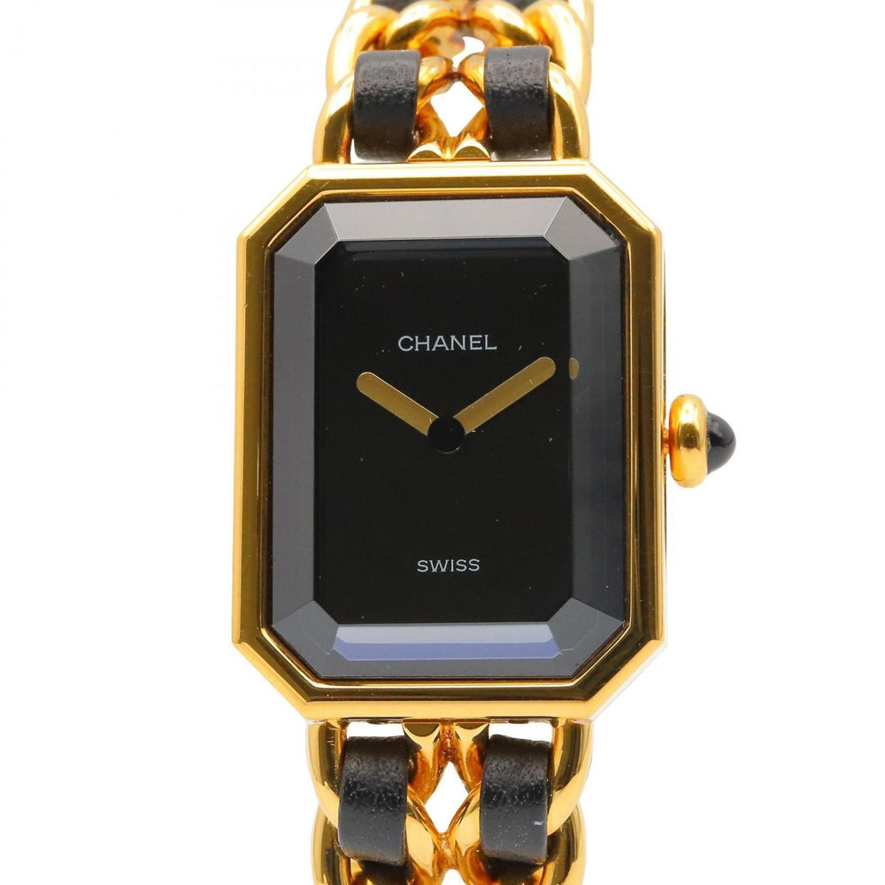 CHANEL Premiere M Watch, Gold-Plated, with Leather Strap, Black, Women's, H0001 — Very Good