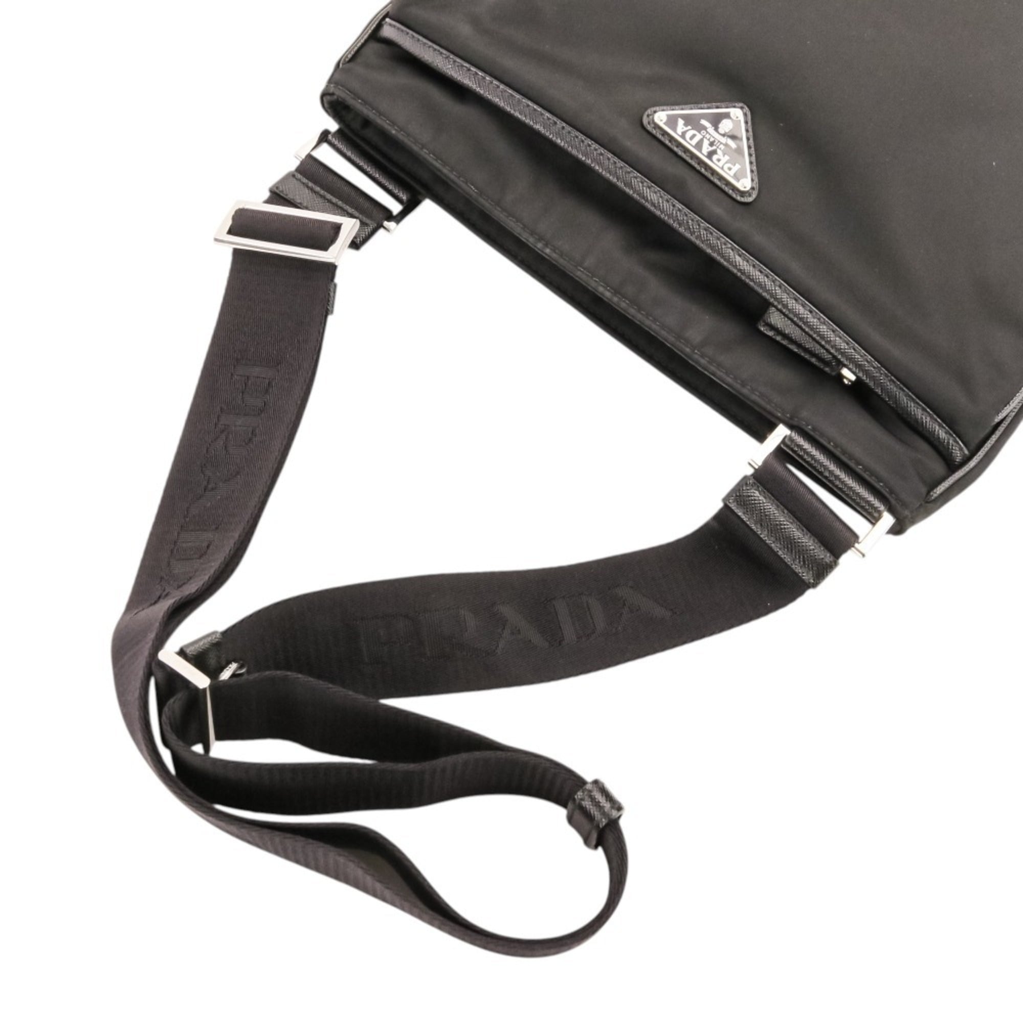 PRADA Re-Nylon Saffiano Leather Triangle Logo Plate Shoulder Bag 2VH118 Black (Men's & Women's) — Like New