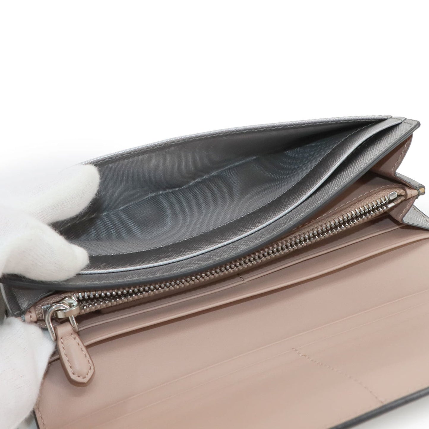 Prada Saffiano Bifold Long Wallet in Silver and Pink Beige Leather (1MH132) with Hardware