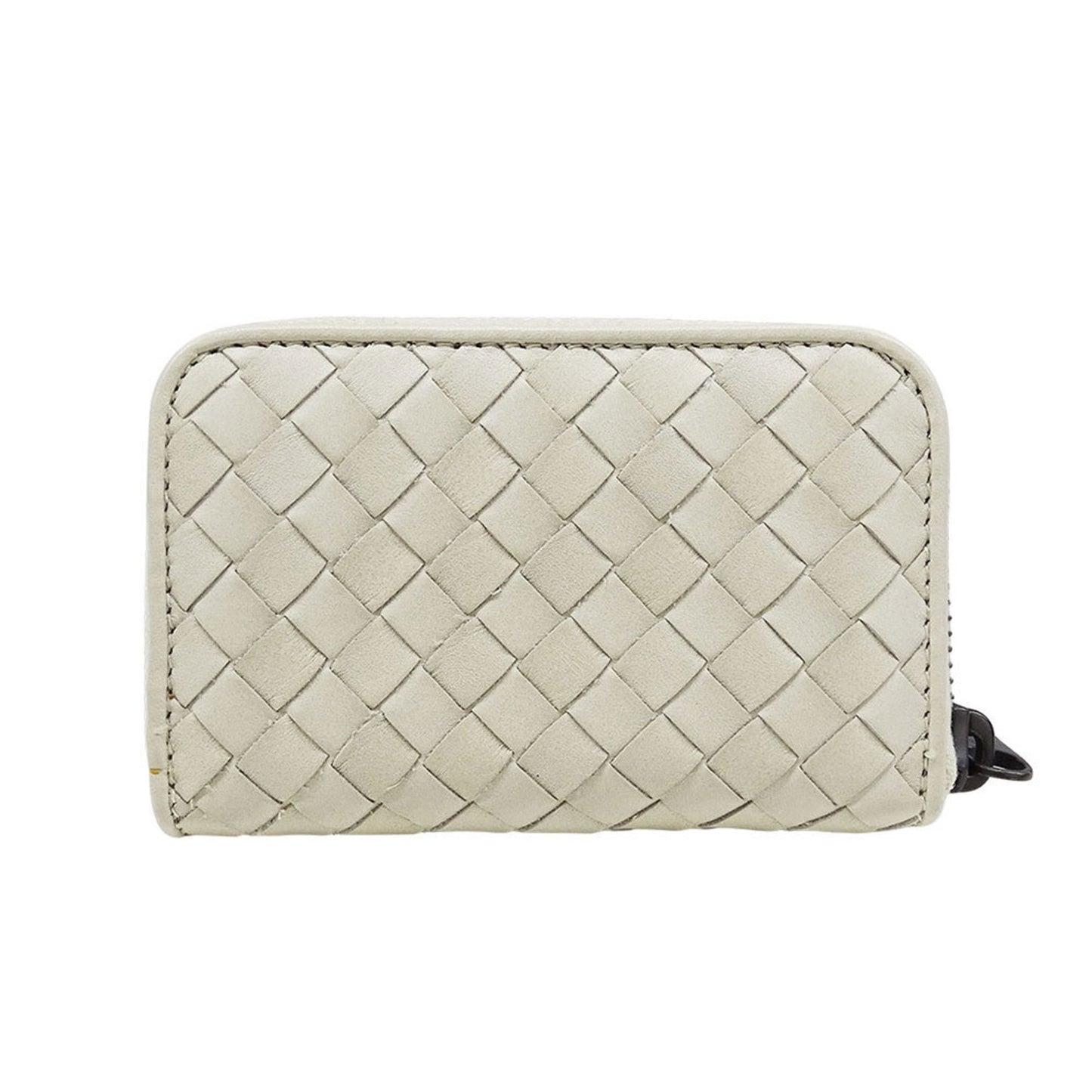 Bottega Veneta wallets for men and women, branded intrecciato leather coin cases, white with a round zipper woven purse.