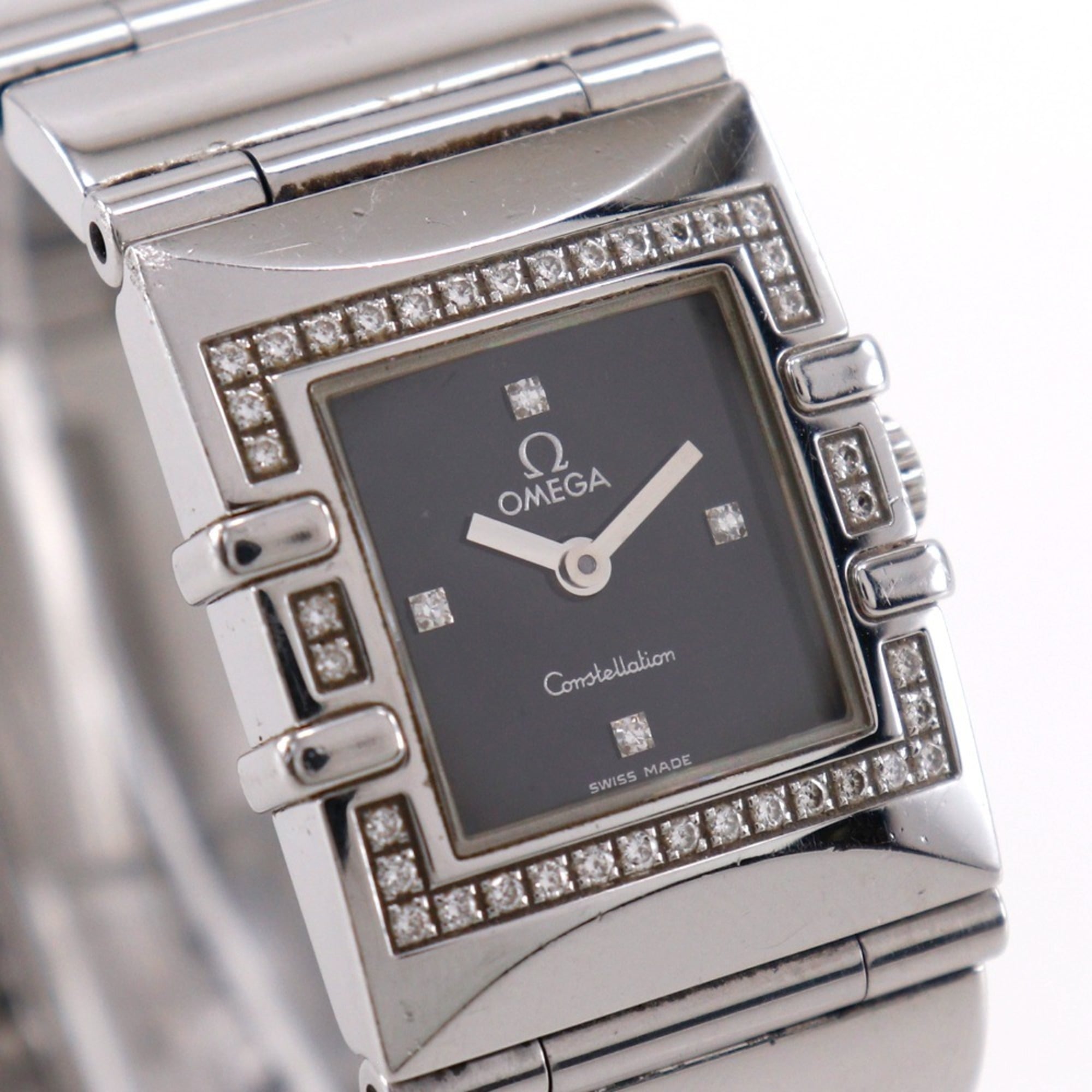 OMEGA Constellation Carree Watch, cal. 1376 1528.46, stainless steel with diamonds, 1998, quartz movement, analog display, black dial, women's — Good