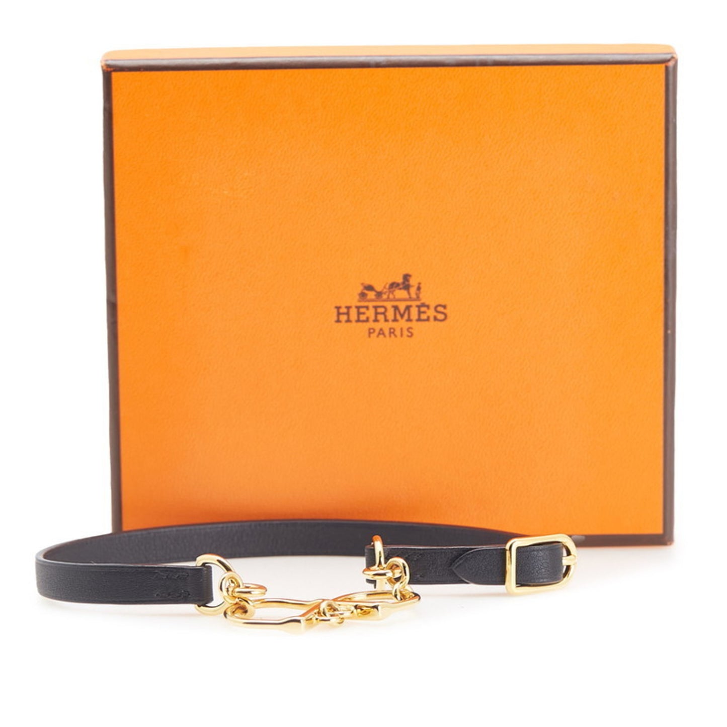 Hermes Hermès Etrier Double Tour Bracelet in Black Gold and Plated Leather for Women