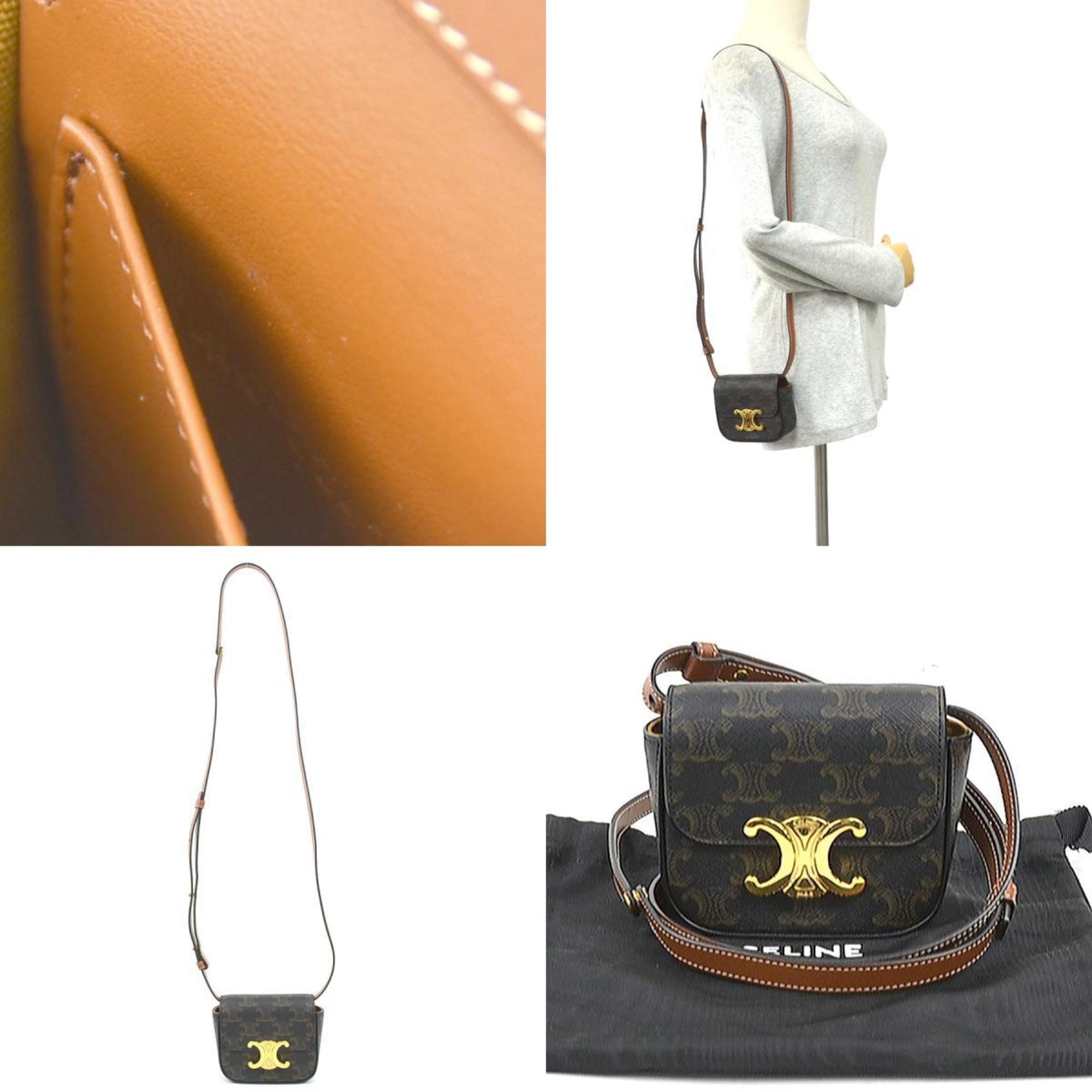 Celine Triomphe Mini Claude Shoulder Bag in Brown PVC-Coated Canvas, Women's, 90218a