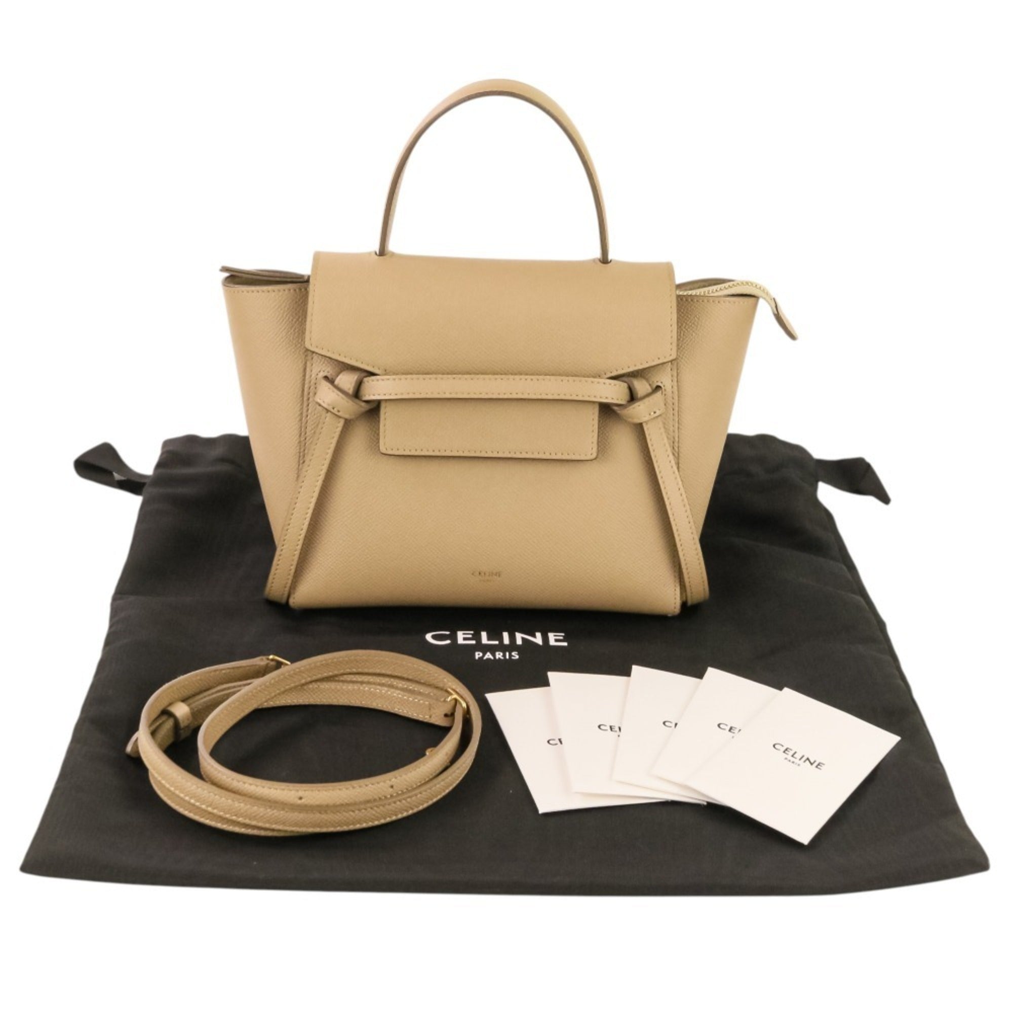 CELINE Belt Bag Nano 2-way shoulder bag, grained calfskin, beige, women's — Like New