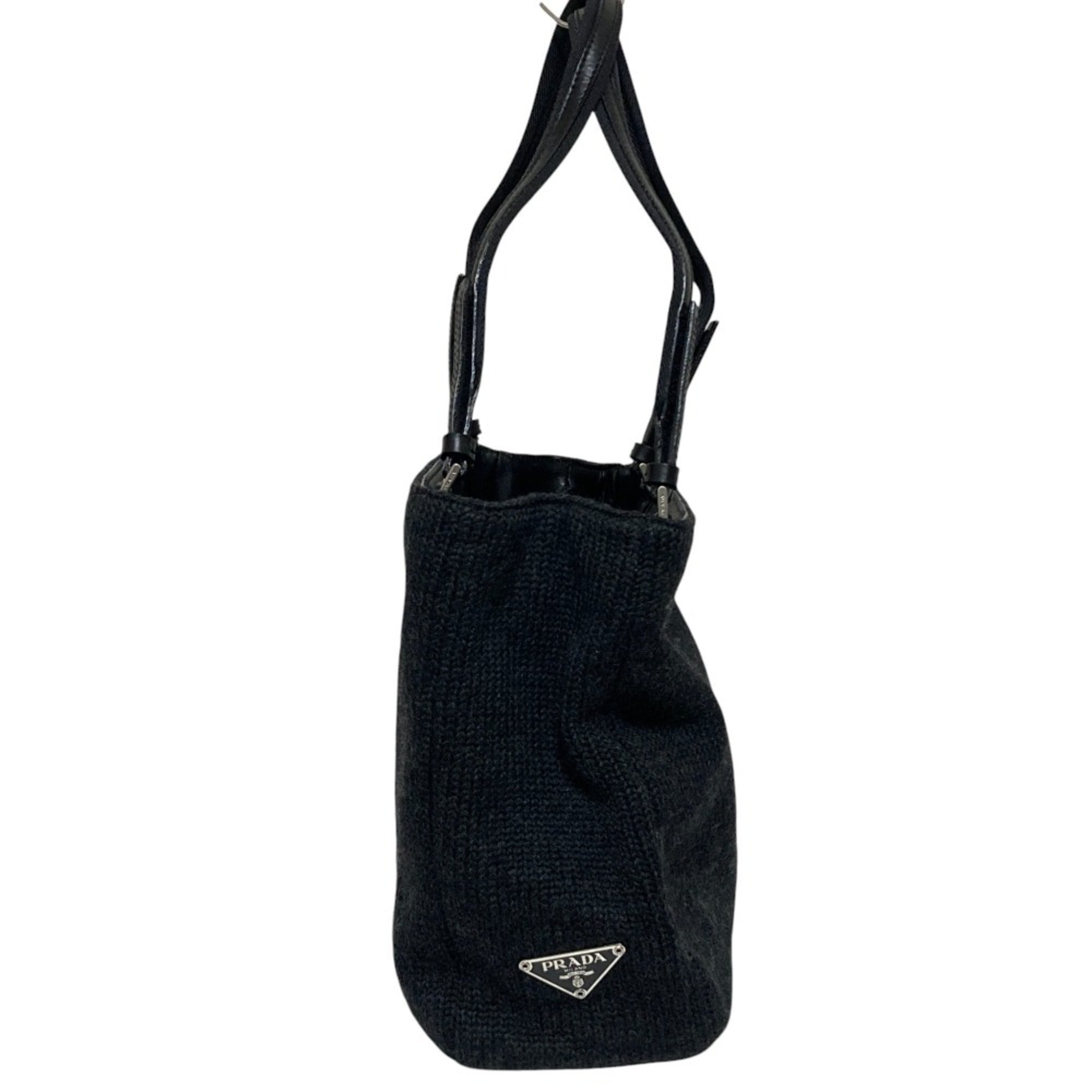 PRADA Prada Wool Knit Leather Tote Bag B9444 Black Women's