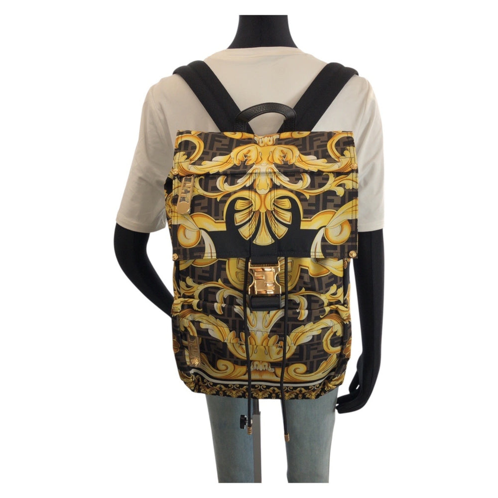 FENDI x VERSACE Backpack (7VZ066) - Black, Brown, Yellow, Gold Hardware, Nylon, Women's — Like New