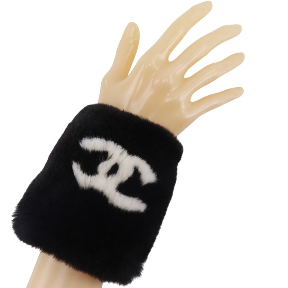 CHANEL COCO Mark Bracelet Wristband with Rabbit Fur, Black, Approx. 35g, Women's — Like New