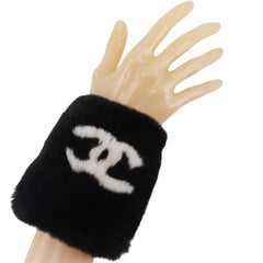CHANEL COCO Mark Bracelet Wristband with Rabbit Fur, Black, Approx. 35g, Women's — Like New