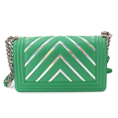 Chanel Boy Chain Shoulder Handbag, Lambskin, Green, A67086, Silver Hardware — Like New