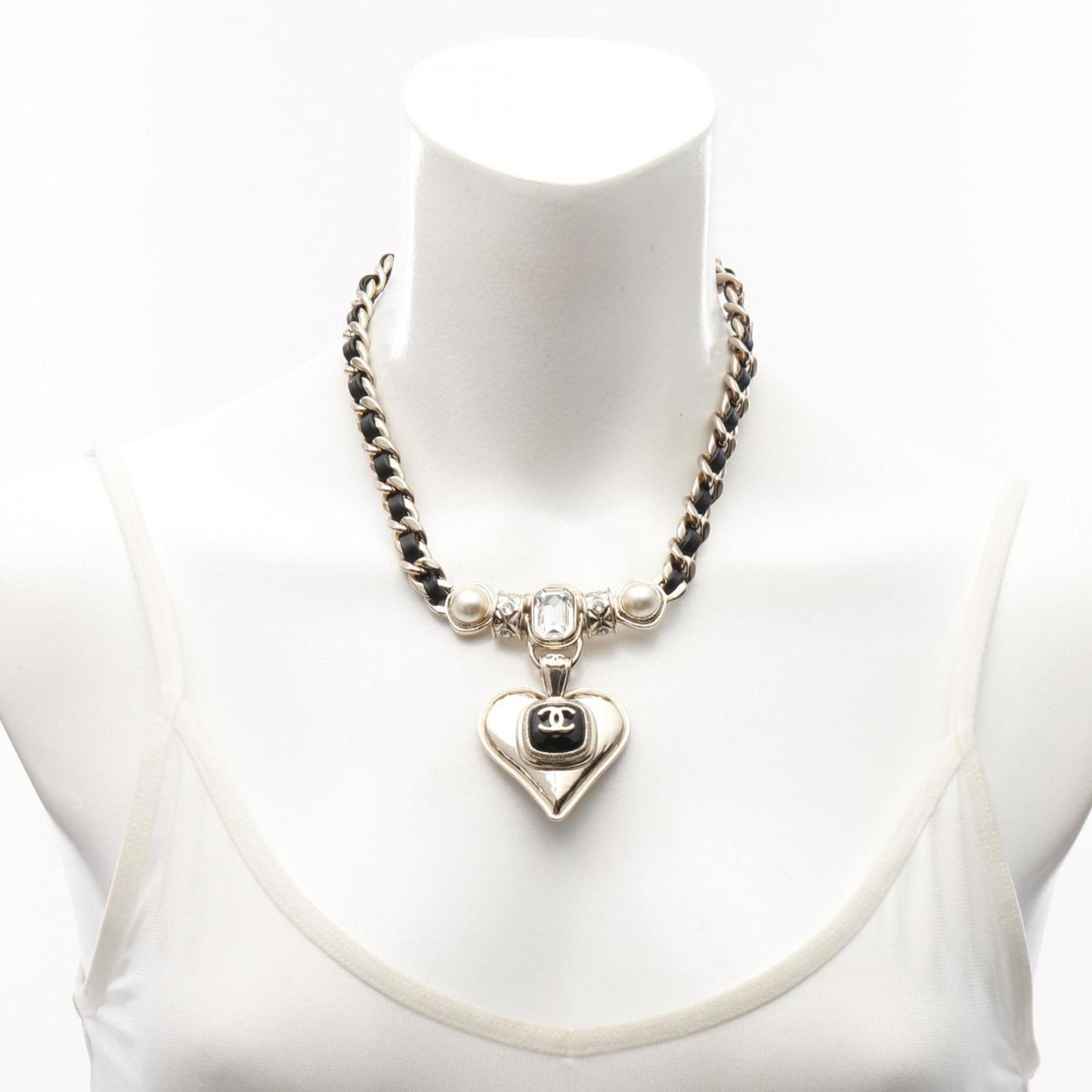 Chanel Coco Mark Heart Necklace, Gold-Plated Leather with Faux Pearl and Rhinestones, Women's, Gold Black