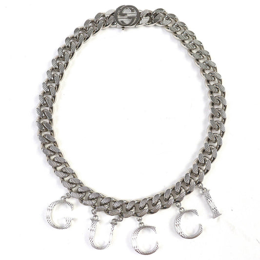 GUCCI 675769 Script Logo Choker with Interlocking G Necklace, Silver, Made in Italy, Women's