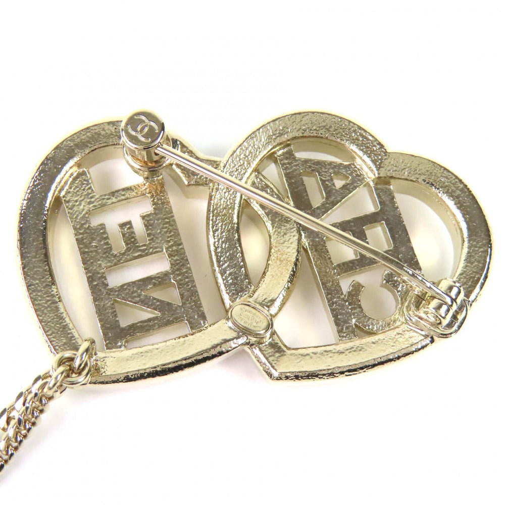 CHANEL C23B ABB655 Coco Mark Metal Strass Double Heart Chain Brooch Gold Women's — Like New