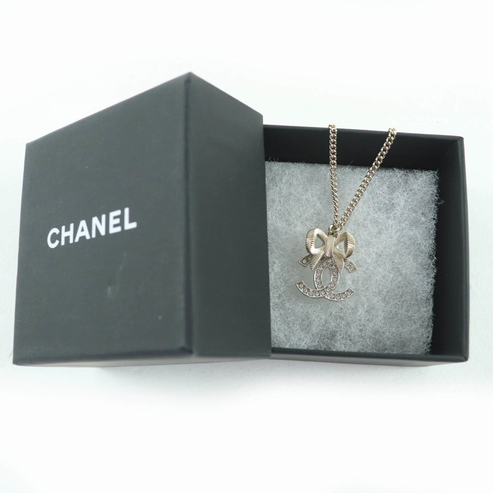 CHANEL B24K Coco Mark Ribbon Rhinestone Necklace, Champagne Gold, with Box, Made in Italy, Women's — Like New