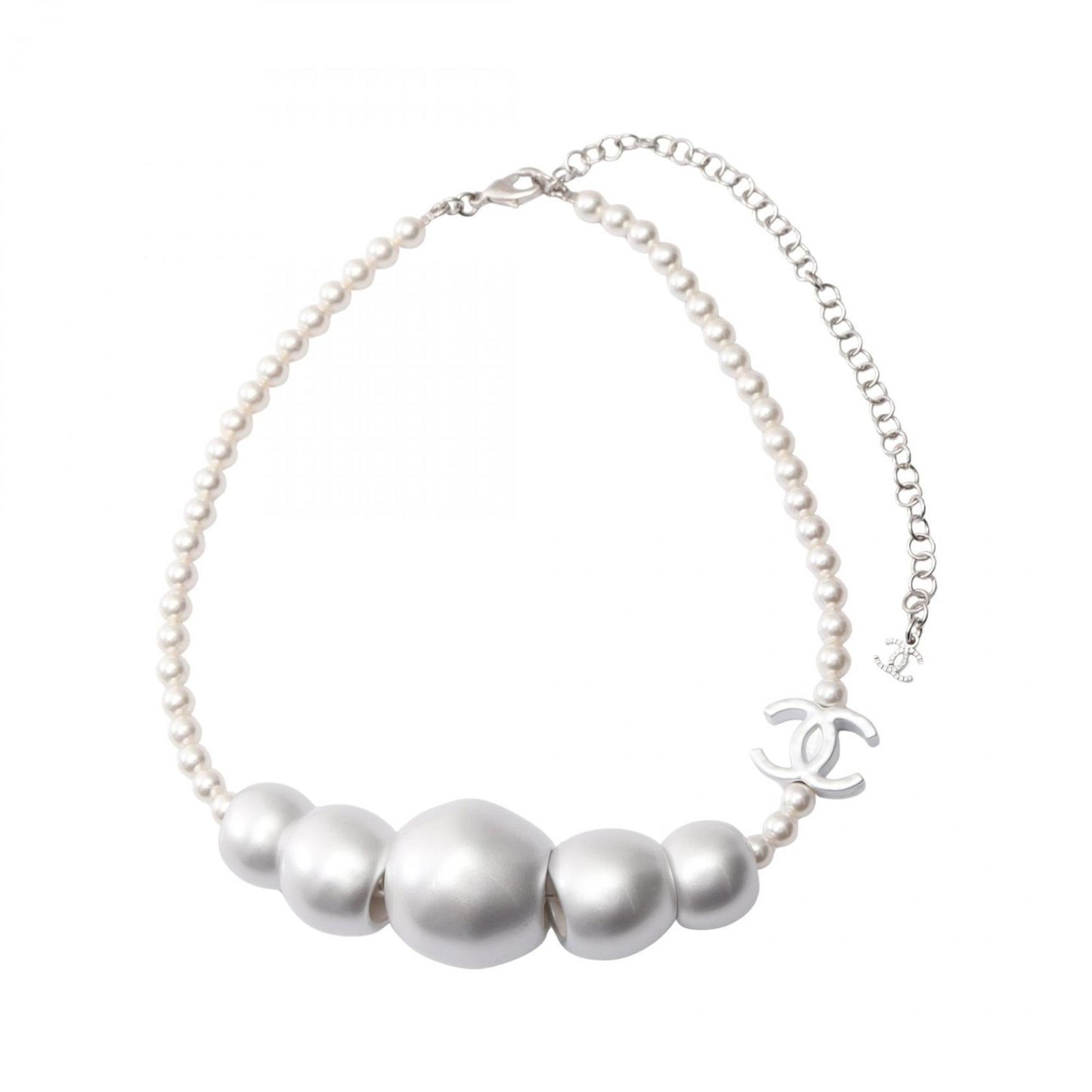 Chanel Coco Mark Necklace in Stainless Steel with Faux Pearls, Silver and White, ABE925B19296