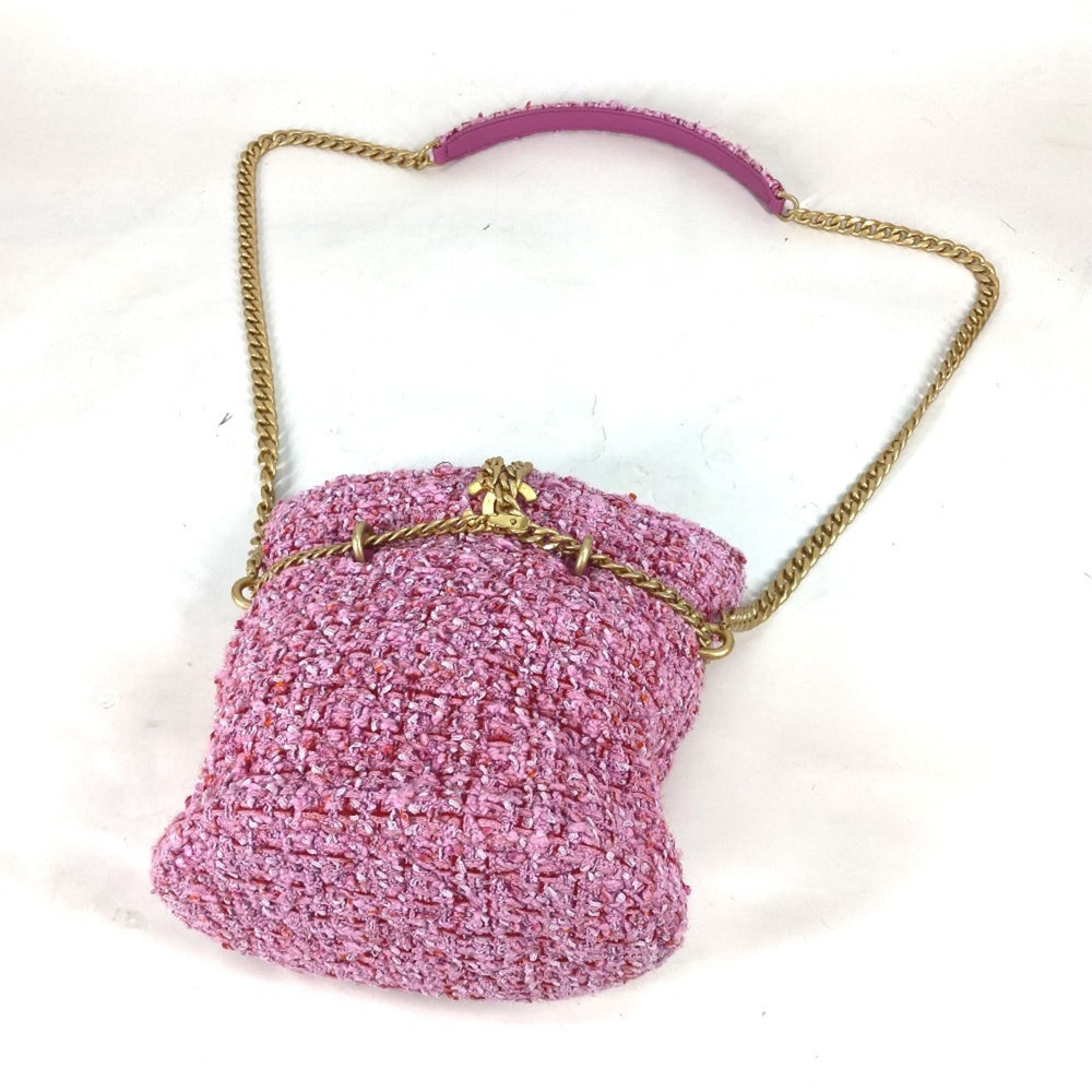 CHANEL 2022SS CC Coco Mark Chain Bucket-Shaped Pochette, 2-Way Handbag/Shoulder Bag, Tweed, Women's, Pink — Like New