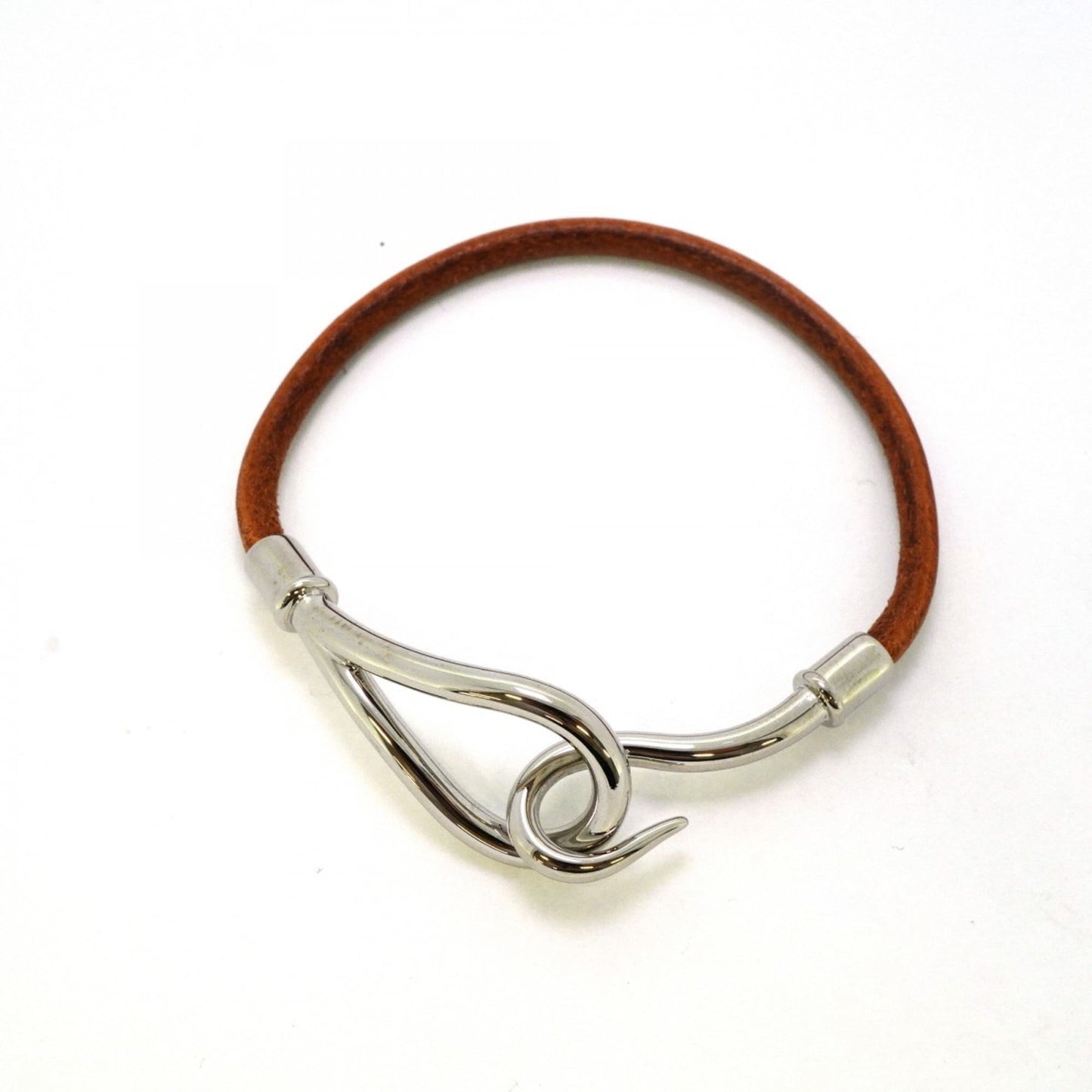 Hermes Jumbo Hook Bracelet, Metal, Leather, Silver, Brown, Women's
