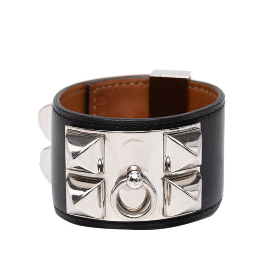 Hermès Collier de Chien Bangle Bracelet, Size S, Black and Silver Box Calf Leather, Metal, Women's, HERMES
