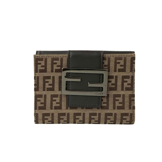 FENDI Zucchino FF Logo Leather Canvas Bifold Wallet Mini Brown 317-7