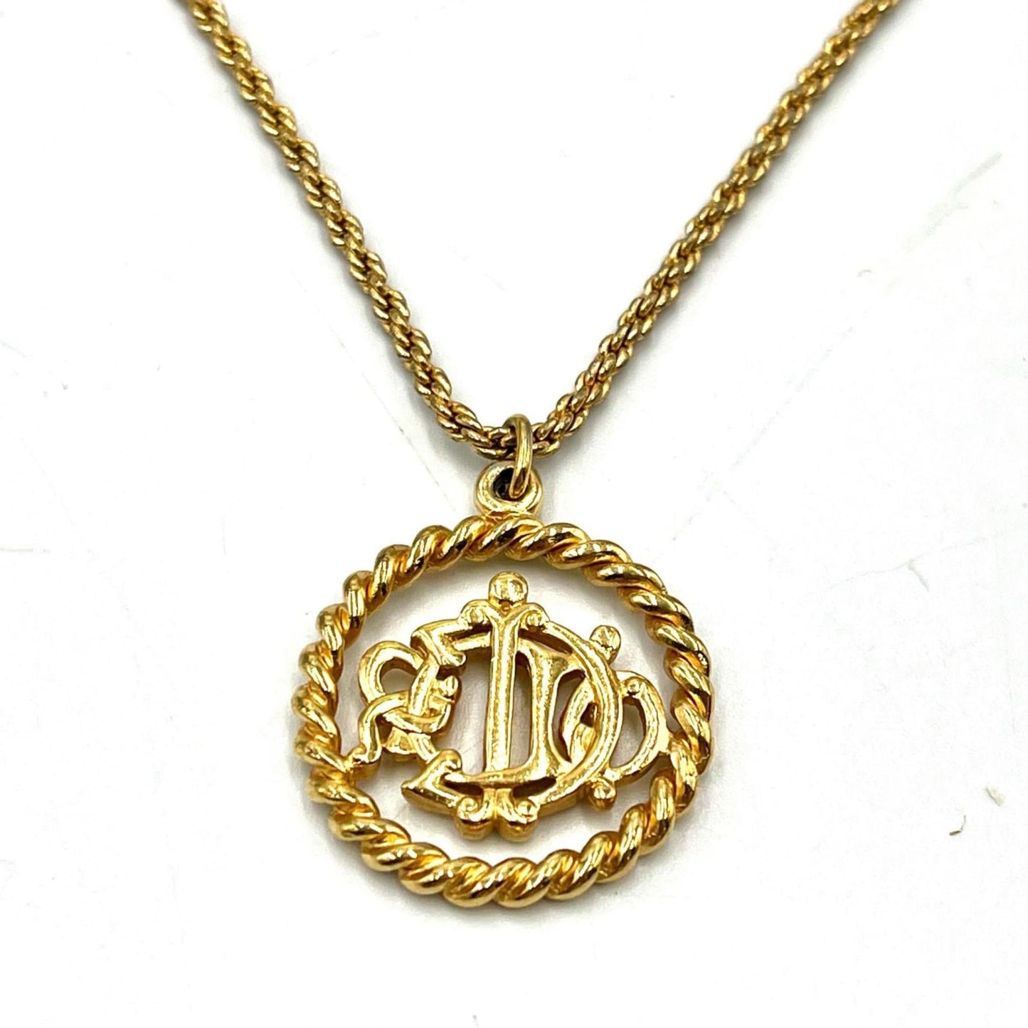 Christian Dior necklace logo round antique metal women's