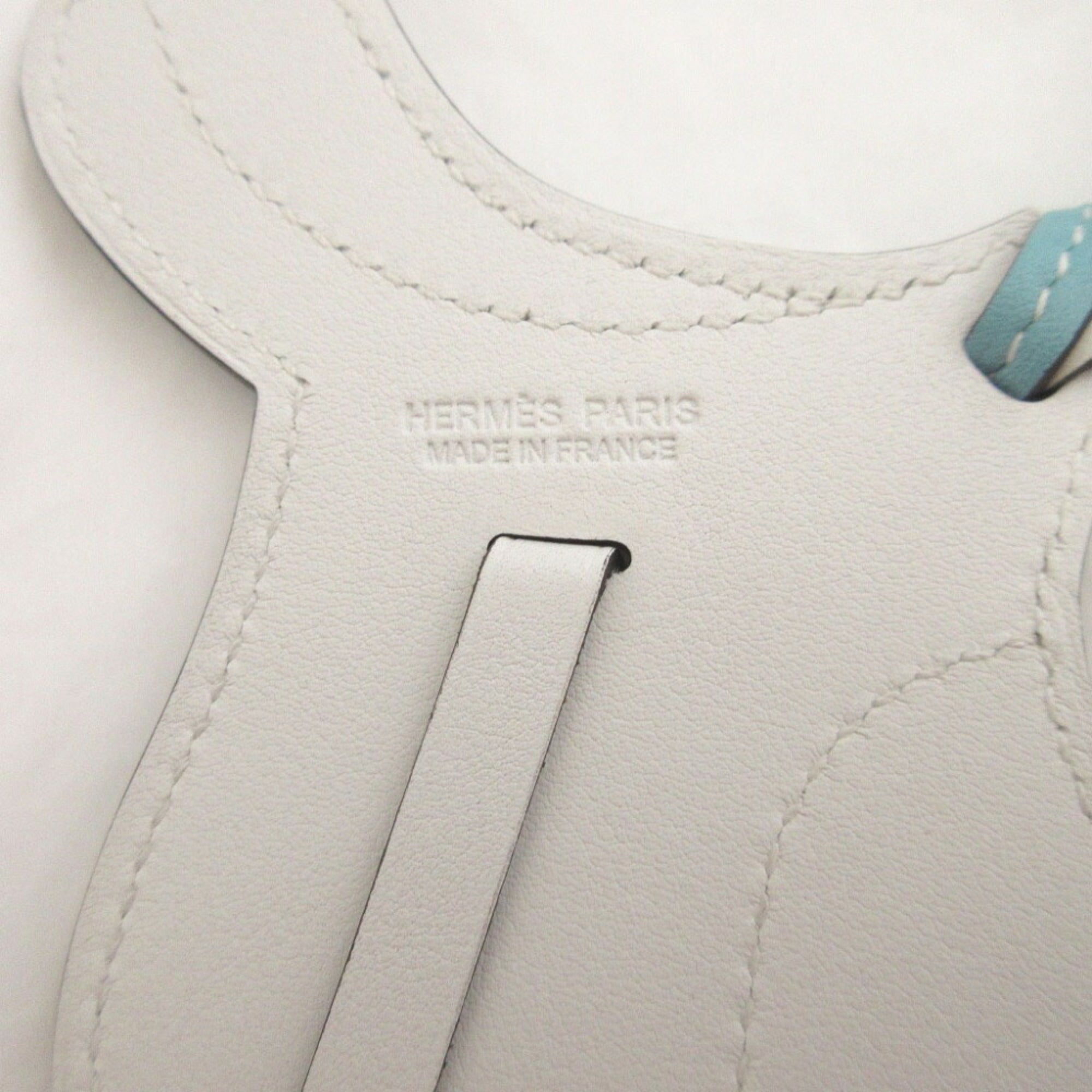 Like new Hermes Paddock Cells Swift Blue Atoll White Bag Charm Keychain 1355HERMES — Like New