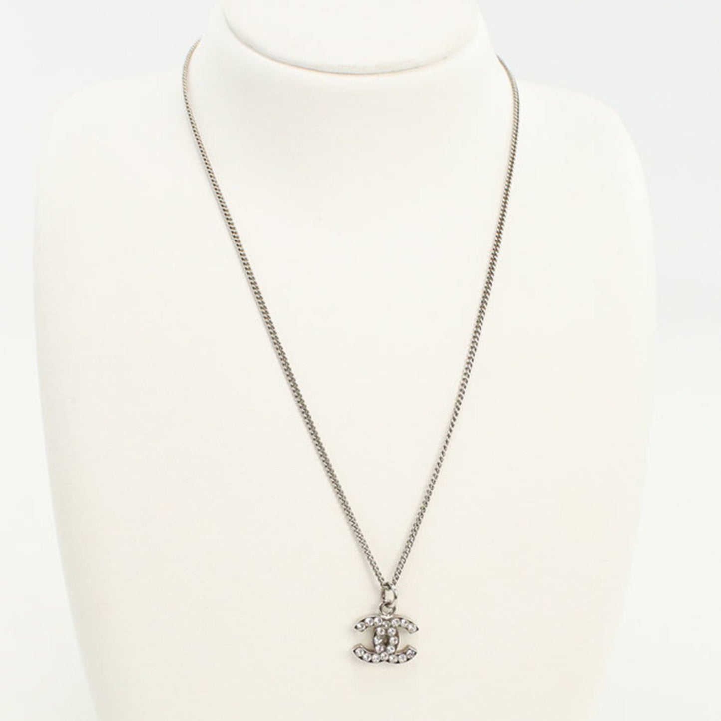 CHANEL Rhinestone Coco Mark Necklace, Silver, Women's