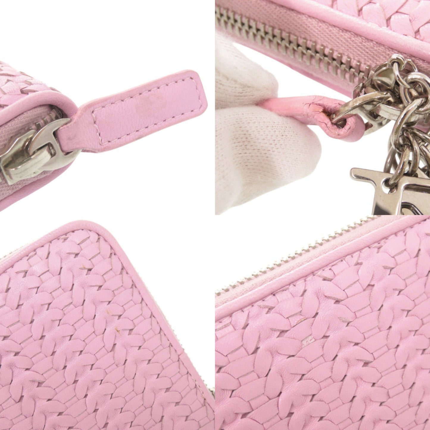 Excellent condition Christian Dior braided leather pink round zipper long wallet 1634