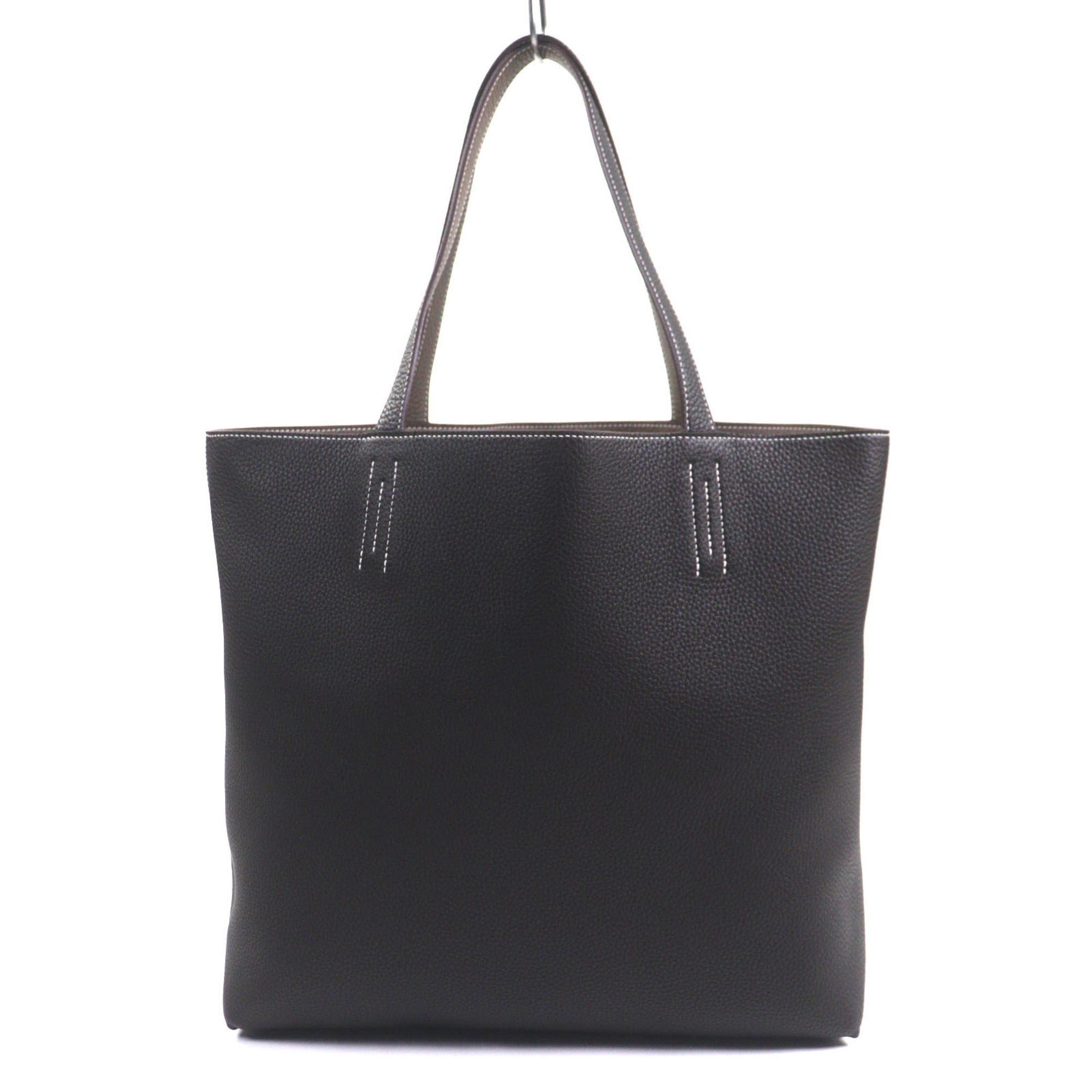 HERMES Double Sens 45 Tote Bag, Taurillon Clemence Leather, Etoupe/Ebene, K Stamp, with Dust Made in France, Men's — Like New
