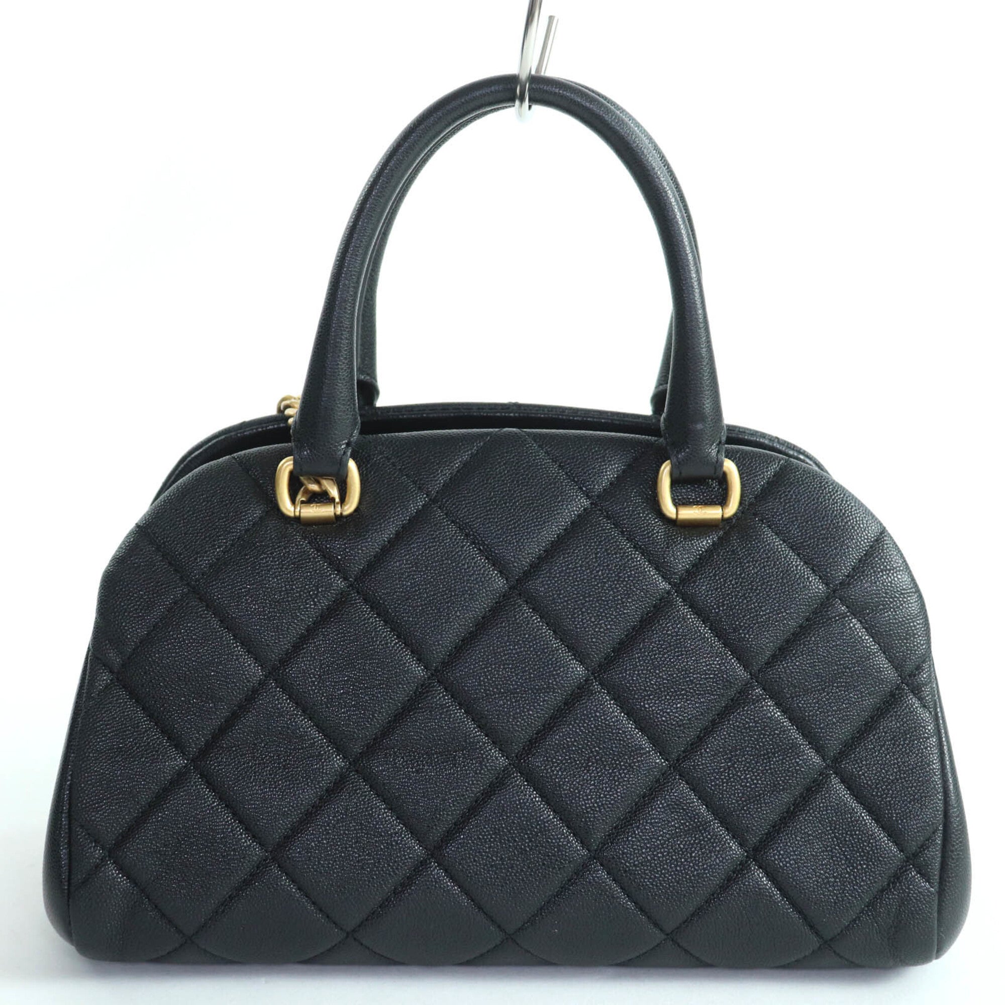 CHANEL AS3893 Caviar Skin Matelassé Coco Mark 2-Way Bowling Bag Handbag Black Gold Hardware Comes with Box and Dust Made in Italy Women's — Like New