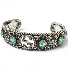 GUCCI AG925 Rhinestone Crystal Floral Interlocking G Bangle Bracelet, Silver Green, Size 16, Made in Italy, Weight 26.2g, Men's — Like New