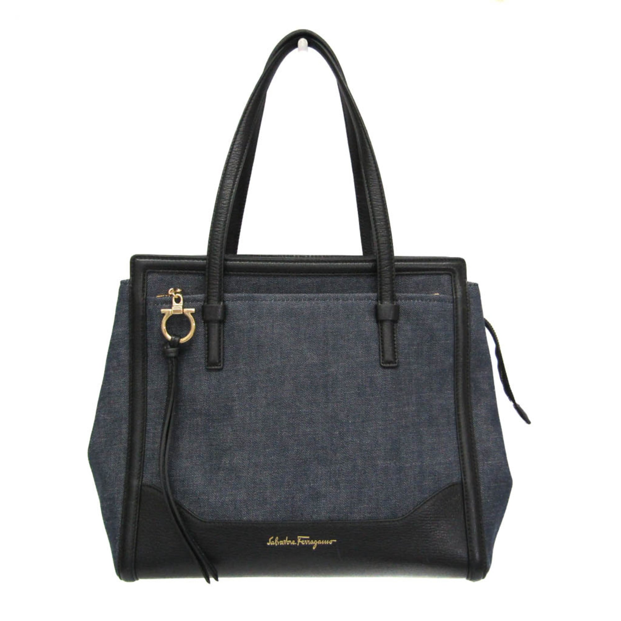 Salvatore Ferragamo AMY EZ-21 F759 Women's Leather,Denim Tote Bag Black,Blue