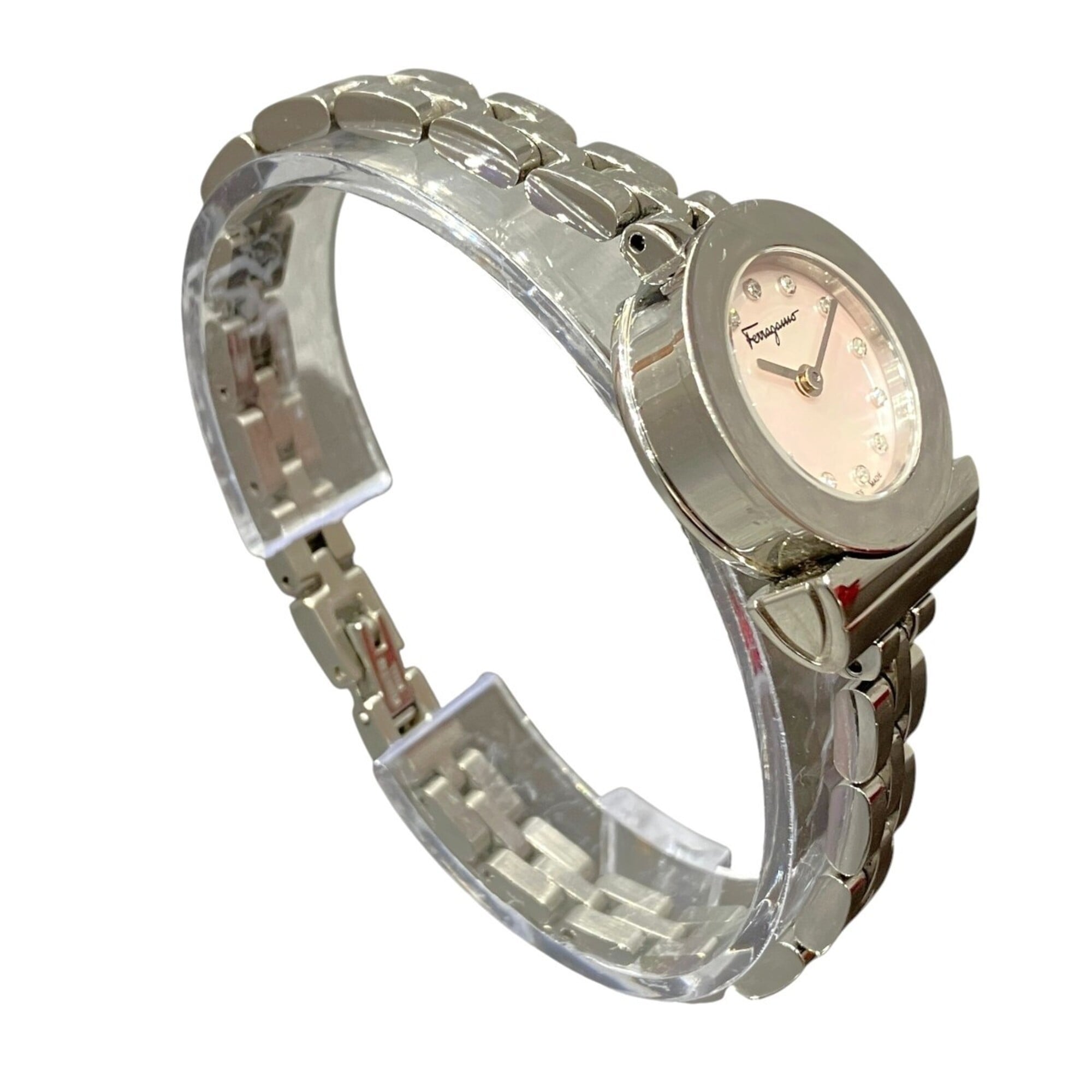 Salvatore Ferragamo Gancini watch, total weight 34.6g, stainless steel, quartz movement, pink mother-of-pearl dial, SFBF00118 — Good