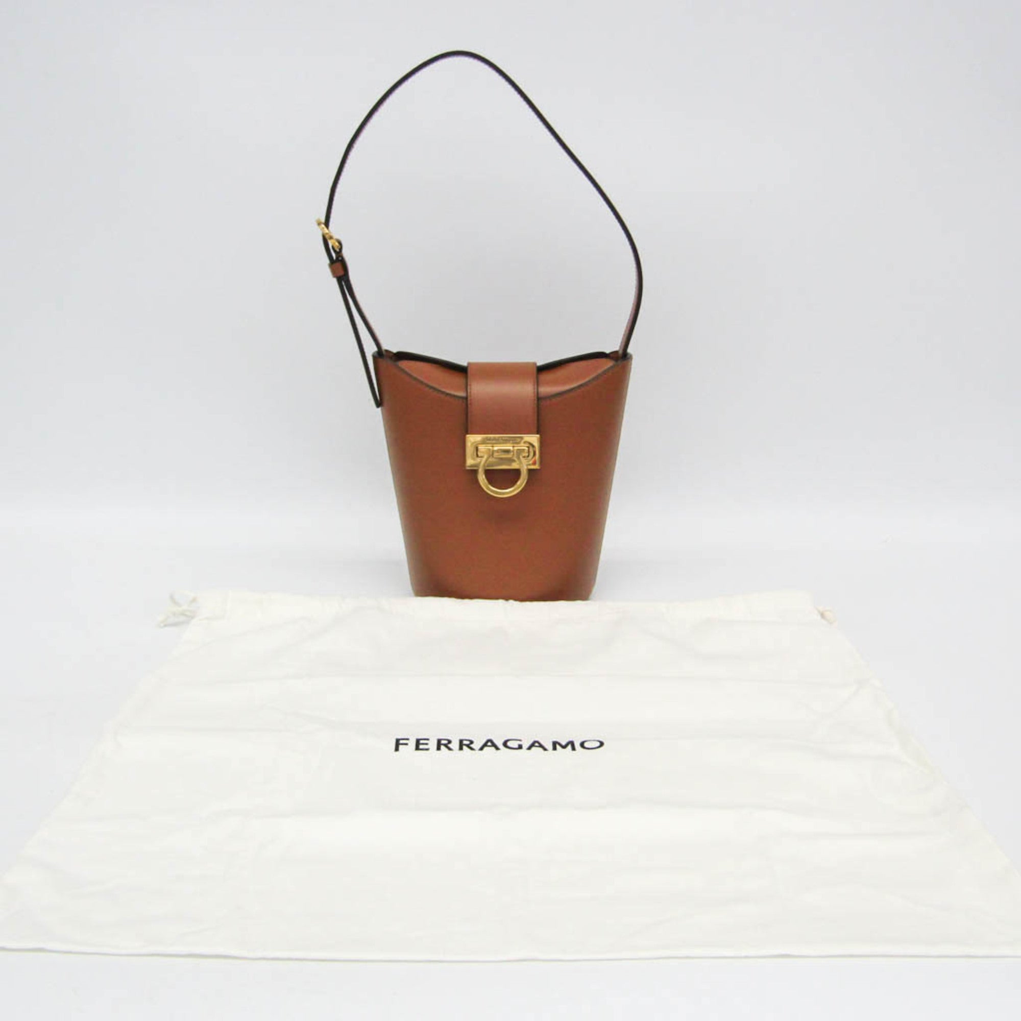 Salvatore Ferragamo Gancini Trifoglio Bucket DH-21 1194 Women's Leather Handbag,Shoulder Bag Brown — Like New