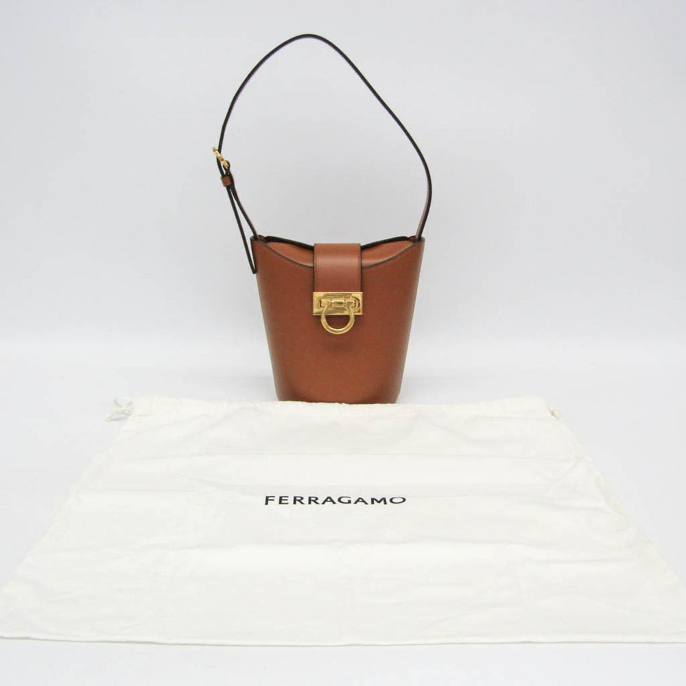 Salvatore Ferragamo Gancini Trifoglio Bucket DH-21 1194 Women's Leather Handbag,Shoulder Bag Brown — Like New